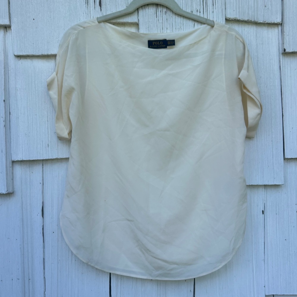 Polo Ralph Lauren Women XS Cream 100% Mulberry Silk Boat Neck Cuffed Blouse Top
